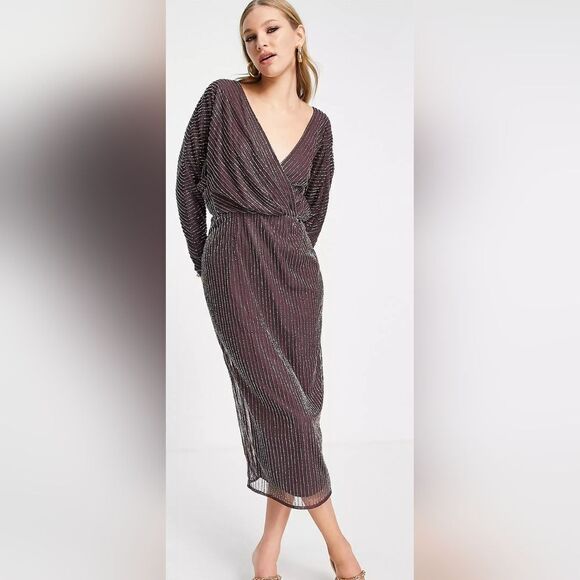 ASOS DESIGN gold linear embellished batwing midi dress in mauve NWT size 0 - Picture 1 of 6
